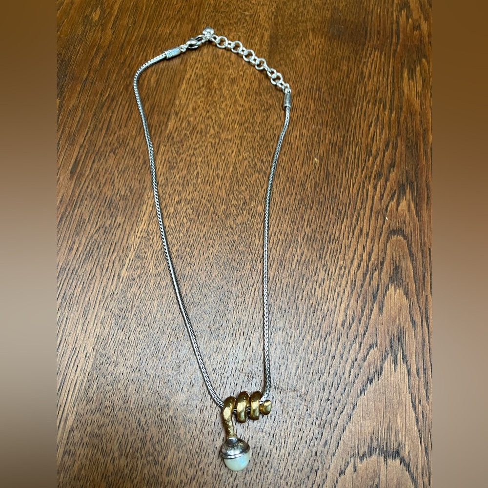 Brighton Silver/Gold/Pearl necklace. Unique Eye-catching Design. Adjustable 10”